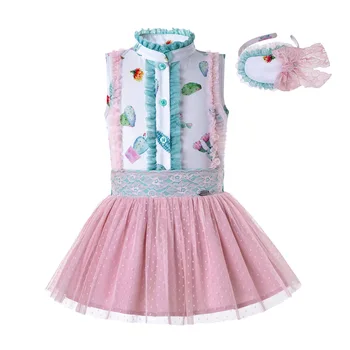 

Pettigirl New Girls Summer Clothing Set White Plant Printed Vest And Pink Tulle Skirt With Headwear Baby Outfit Kids Clothing