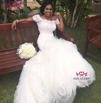 

Vintage Short Sleeves Boat Neck Embroidery Mermaid Wedding Gown Organza Train Ivory Africa Fashion Plus Size Vestido W0409