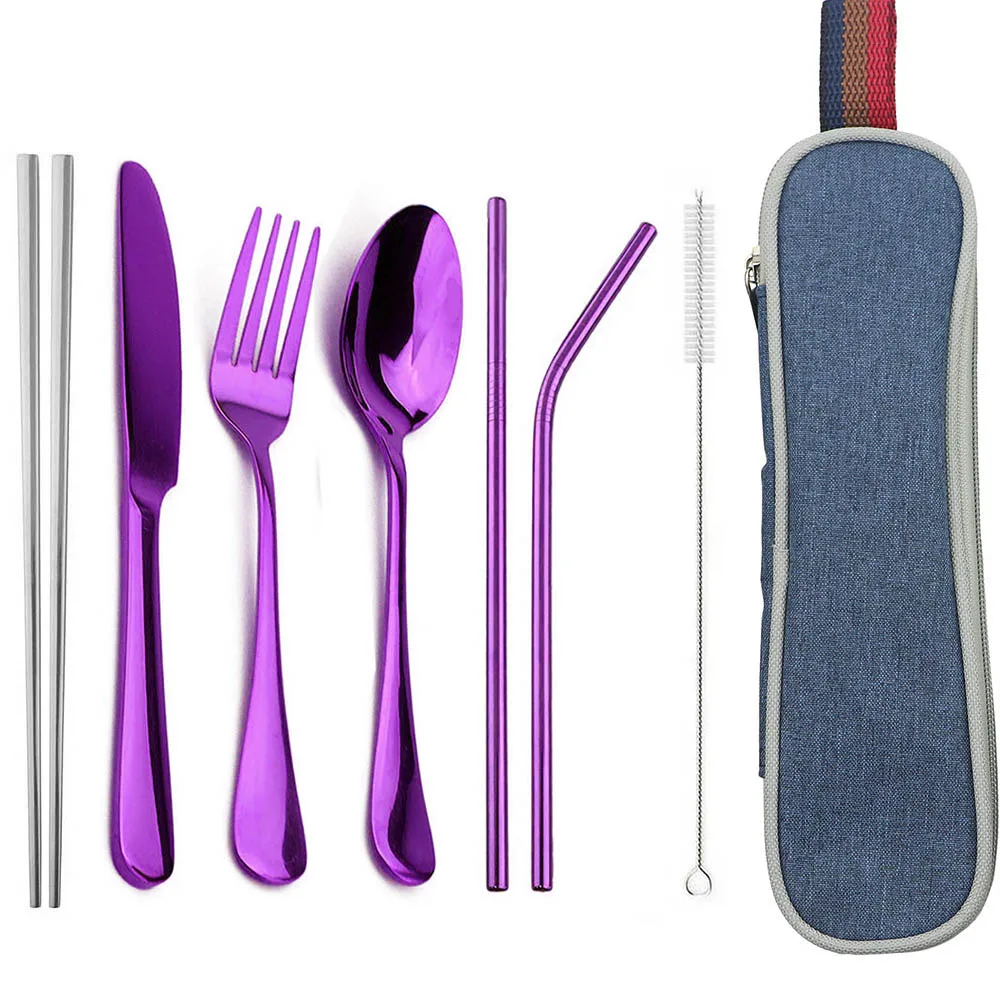 8pcs Purple 7/8 шт. набор столовых приборов Ножи, столовая ложка, вилка, набор посуды 304 Нержавеющая сталь посуда набор Зеркало Набор столовых приборов с коробкой для путешествий - Цвет: 8pcs Purple