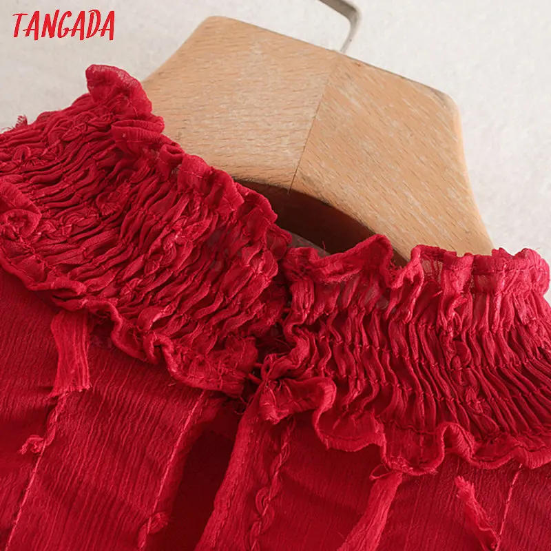 Tangada, женская красная сетчатая блузка с кисточками, водолазка, плиссированная, длинный рукав, шикарная винтажная рубашка, blusas femininas 3W79