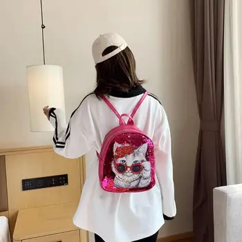 

Leisure School Bookbag Kids Sequins Cute Girl Cat Printing LED Light Fashion Shoulder Backpacks Glitter Travel Knapsack