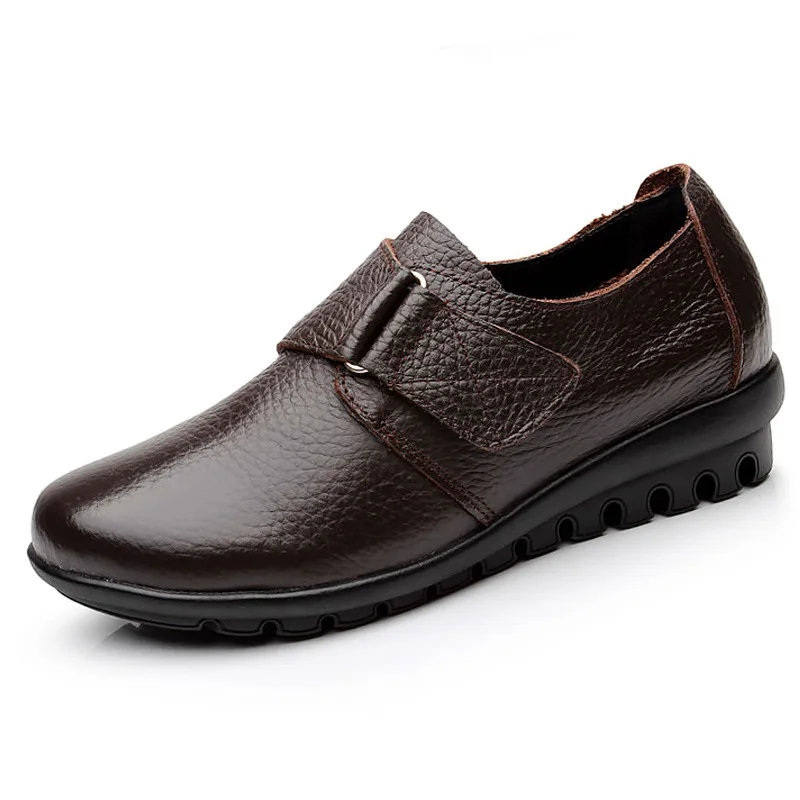 Brown Genuine Leather Women Flat Shoes Comfortable Women Loafers Spring Oxfords Hook Loop Ladies Leather Shoe Large Size 35-43 - Color: Brown