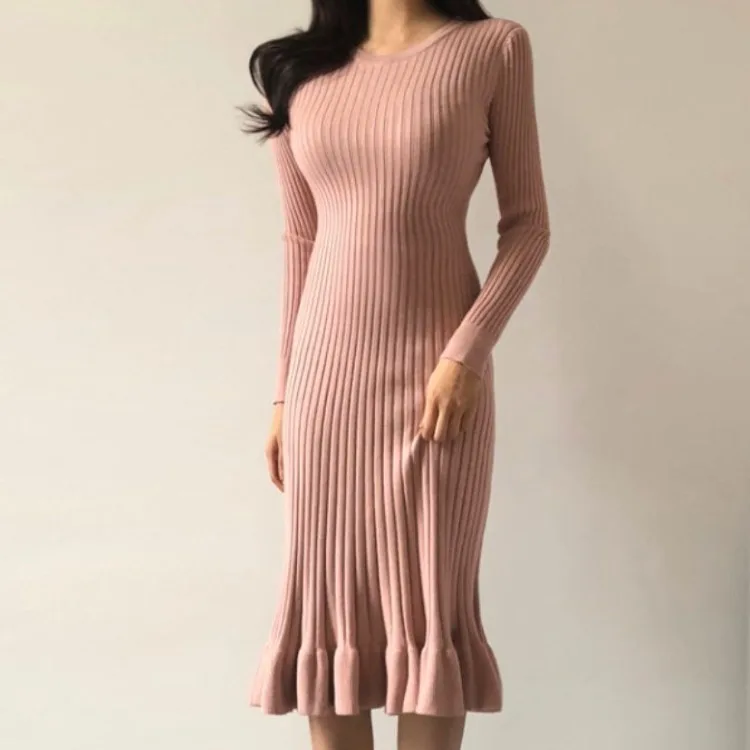 

2019 South Korea CHIC Slim Fit Jersey Dress Women's Autumn And Winter Flounced Fishtail Skirt Underwear Mid-length Sweater Dress