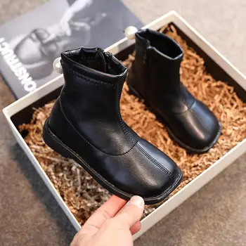 

Winter Autumn Kids Chelsea Boots Patent Leather Shoes For Girls Boys Children Ankle Boot Black Plush Snow Shoes Toddlers