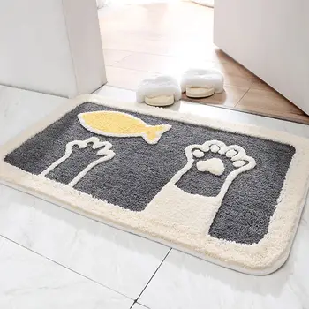 

Cute Cartoon Cat Paw Fish Print Door Mat High Low Fluffy Plush Bathroom Absorbent Non-Slip Foot Pad Entryways Thick Floor Carpet