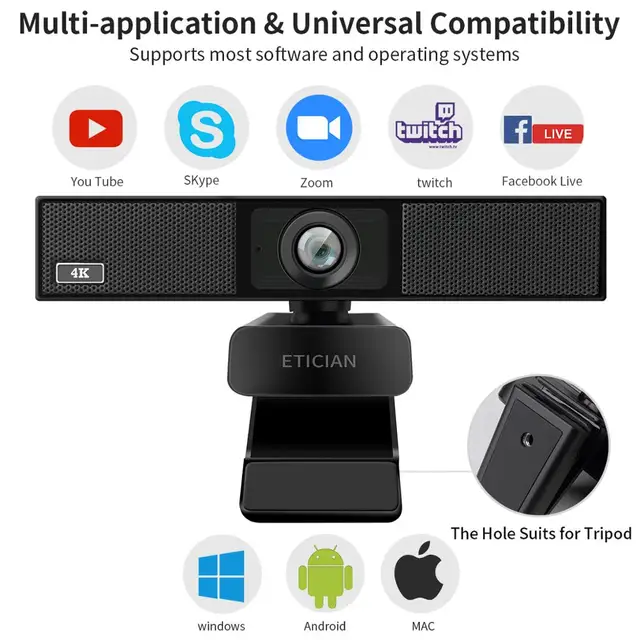 Cámara Web Ultra HD 4K con micrófono, 8MP, 1080P, USB, para Mac, portátil, ordenador de escritorio, transmisión de conferencias, Android TV Cámara Web Ultra HD 4K con micrófono, 8MP, 1080P, USB, para Mac, portátil, ordenador de escritorio, transmisión de conferencias, Android TV