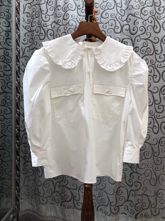 awn new women's Ruffle Lapel decoration solid color long sleeve versatile top 1013