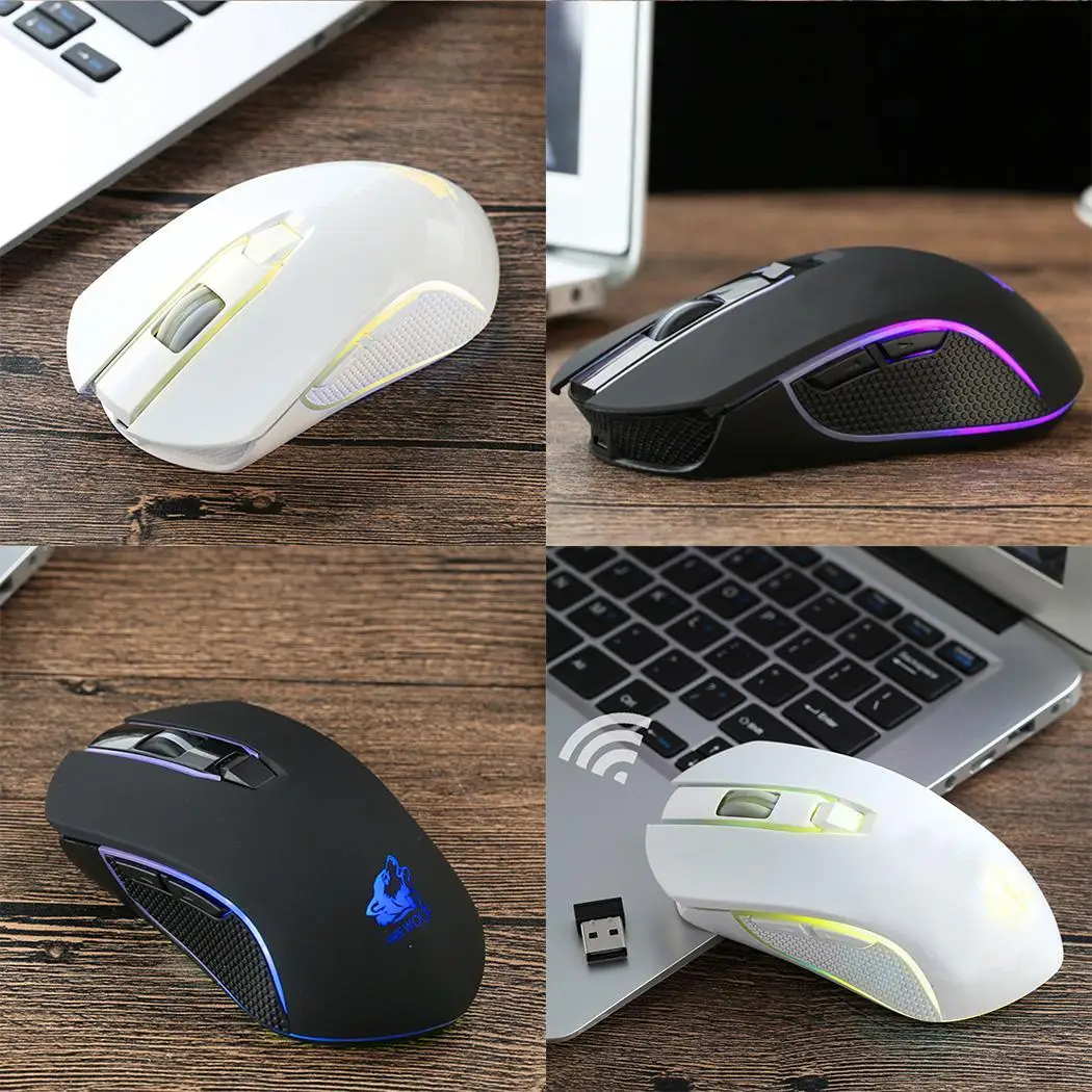 Эргономичный Красочный светодиодный беспроводной Перезаряжаемый USB мышь 2,4 ГГц 1800dpi Регулируемый dpi четырехходовое колесо 10 м