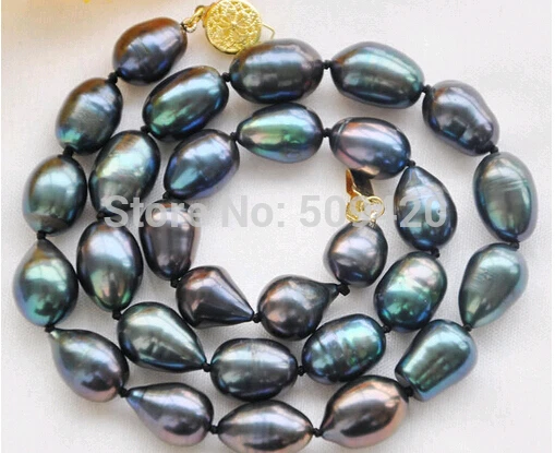 free shipping >>17" 14mm peacock black rice freshwater cultured pearl necklace