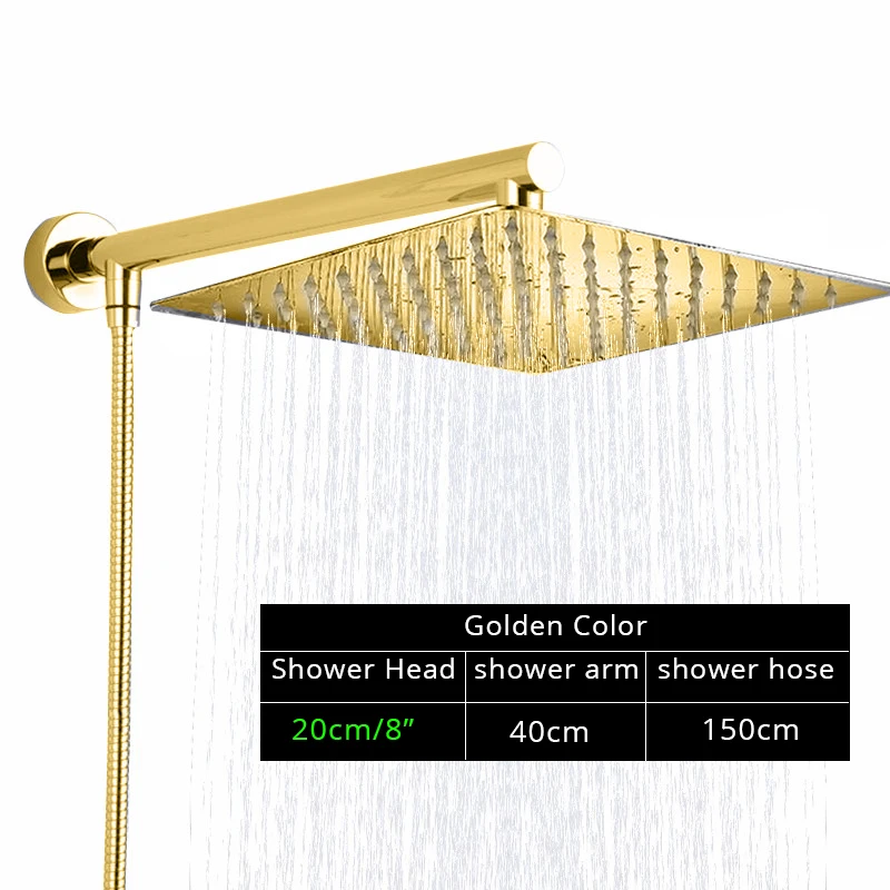 8 inch Golden Set Черная ультратонкая насадка для душа, настенный кронштейн для душа Bar150cm, душевой шланг, набор для ванной комнаты - Цвет: 8 inch Golden Set