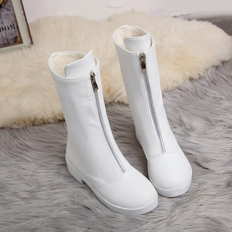 round toe PU leather Mid-Calf boots women low heel Motorcycle bootsboots high quality front zip martin botas zapatos mujer