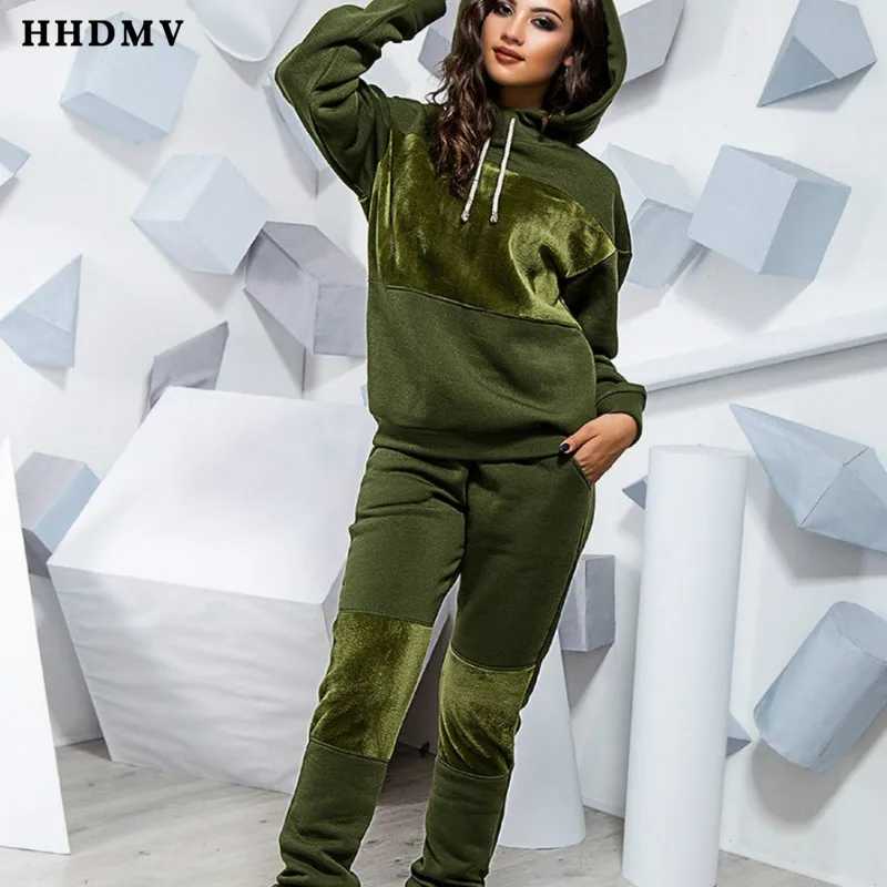 HHDMV OYW9906 весенние повседневные стильные комплекты с длинными рукавами и воротником с капюшоном, эластичные длинные штаны с карманами, 3 цвета, комплекты из двух предметов