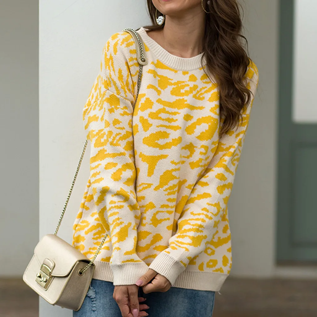 

Women's Fashion Leopard pullovers Casual O-Neck Shoulder Pocket Knitted Sweater Knitwear Top Print jumper high quality