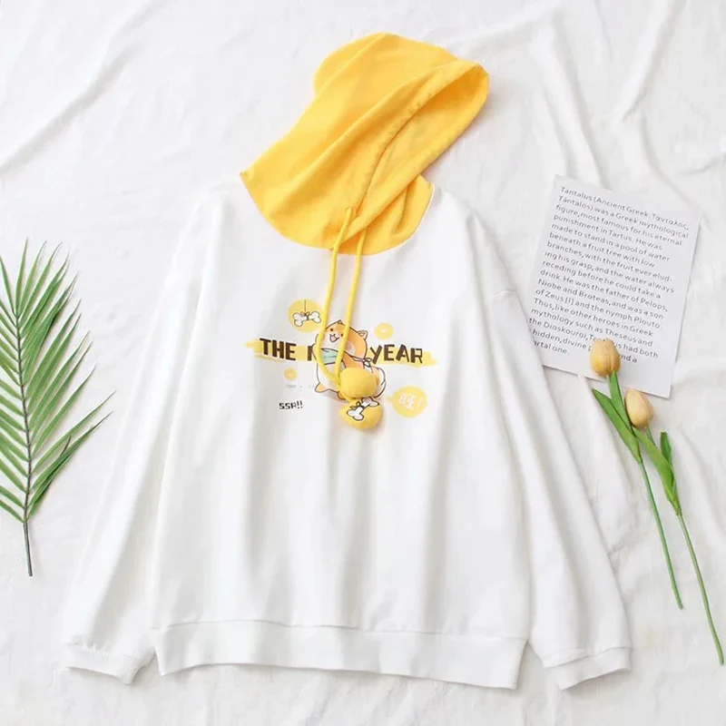 Kawaii Cartoon Print Hoodie Girls Autumn Preppy White Pullover Cute Clothes Women Long Sleeve Funny Dog Anime Graphic Sweatshirt