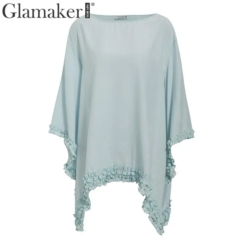 Glamaker, синяя, короткая, рукав летучая мышь, женская блузка, летняя, элегантная, шифоновая блузка, рубашка, Повседневная, свободная, с рюшами, женский топ, модная рубашка