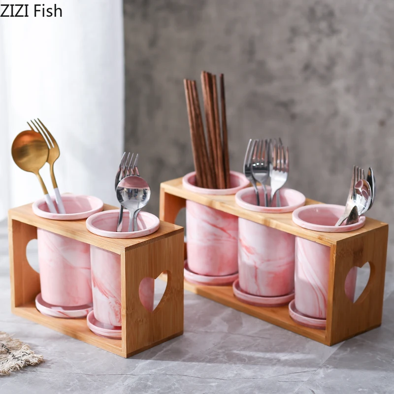 

Pink Ceramic Chopsticks Storage Tank Spoon Chopsticks Storage Tank Three-piece Suit Kitchen Tableware Storage Supplies