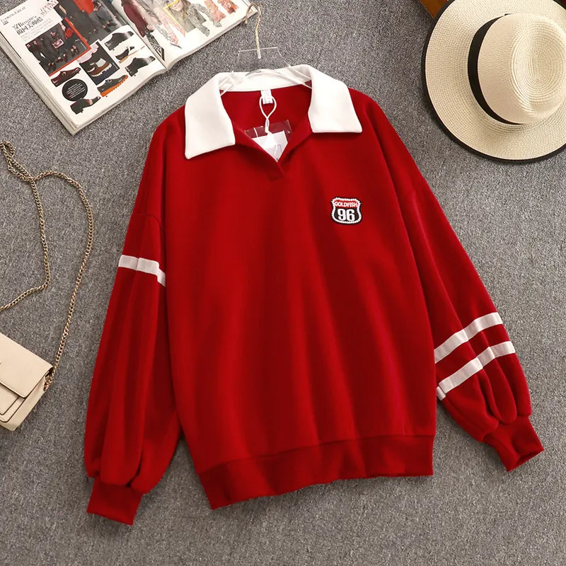 Autumn Woman Casual Long Sleeve Turn Down Collar T-shirt Women's Loose Tops A1941 - Цвет: Красный