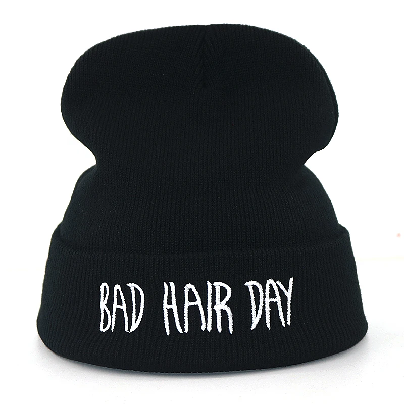 Хлопковые вязанные шапочки с вышивкой и надписью «BAD HAIR DAY» на осень и зиму, теплые вязаные шапки для мужчин и женщин, шапка в стиле хип-хоп