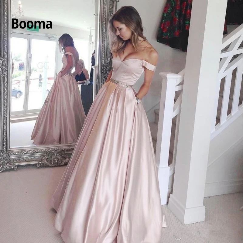 Booma, сатиновое вечернее платье, длинное для женщин и девушек,, с открытыми плечами, с бисером, без спинки, вечерние платья с поясом и карманом