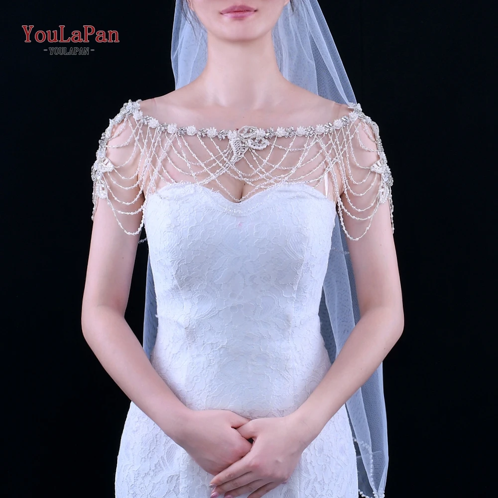 

YouLaPan G13 Formal Wedding Dress Jackets Crystal Beaded Cape Pearls Vintage Tassels Bridal Shawl Lace Flowers for Wedding
