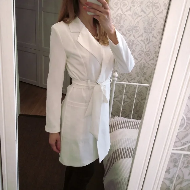 Haoduoyi New Women Button Front Blazer Long Belted Jacket Slim Fit Blazer Jackets Notched Office Work Outwear for Ladies