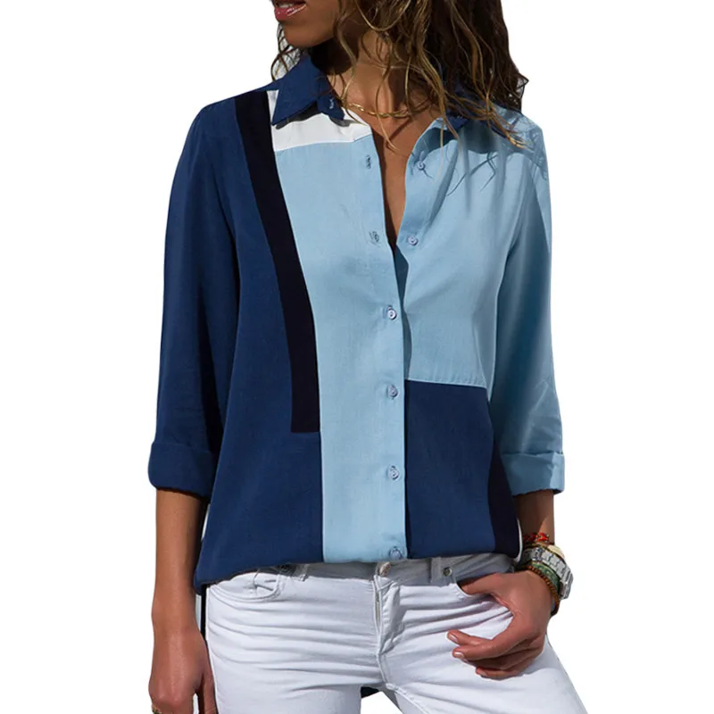 

Shirt Women Casual Long Sleeve Patchwork-Color Plaid/Floral Ptinted Vintage Plus Size Loose Lady tops Chiffon Shirt Female