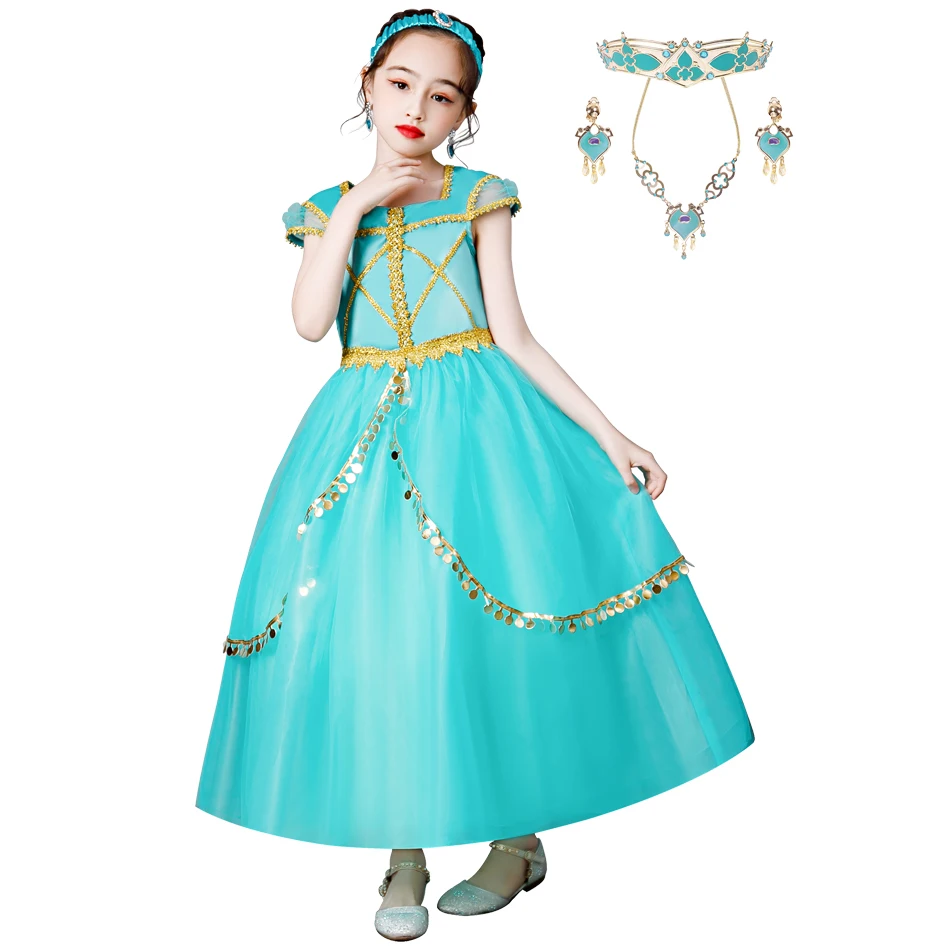 Princess Costume For Children Christmas Party Cosplay Aladdin Dress Lace Patchwork Green Short Prom Gown Kids 2-10T |