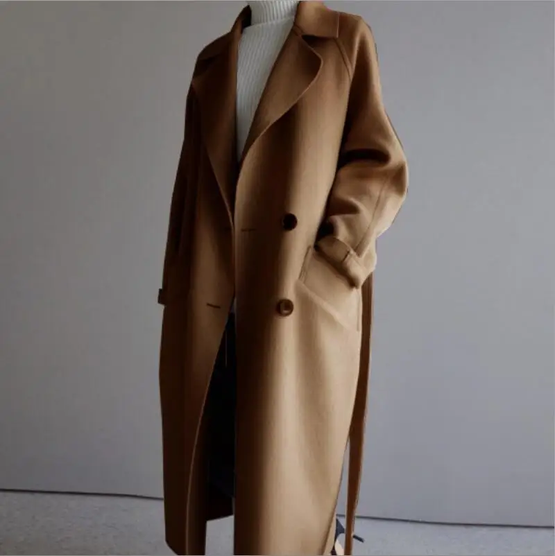 caramel colour Зимнее пальто женское широкий лацкан и пояс карманное шерстяное пальто оверсайз длинное пальто шерстяное пальто женское - Цвет: caramel colour
