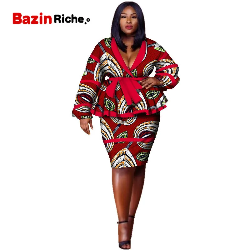 Plus Size Top and Straight Skirt Sets African Wax Print 2 Pieces Skirt Set for Women Bazin Riche African Style Clothing WY2858