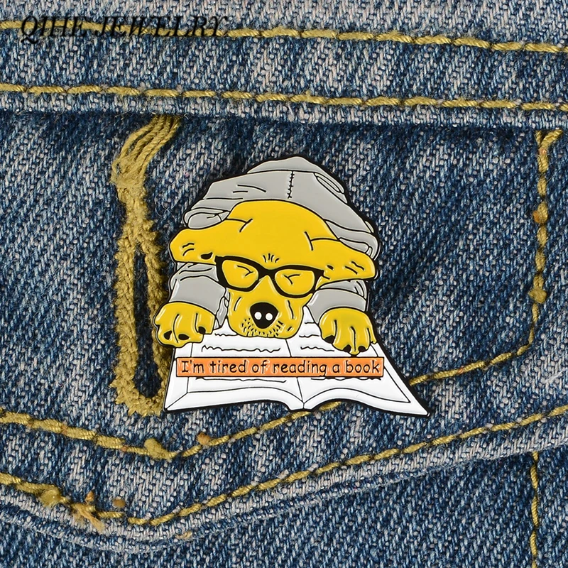 

QIHE JEWELRY Hard Working Academic dog pin Tired of Reading a Book lapel pins Badges Brooches for Student Jewelry Accessories