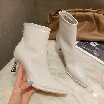 

2020 Elegant Women Patent Leather Ankle Boots 6cm White Low Thin High Heels Short Sock Boots Outdoor Chelsea Boots Bota Feminina
