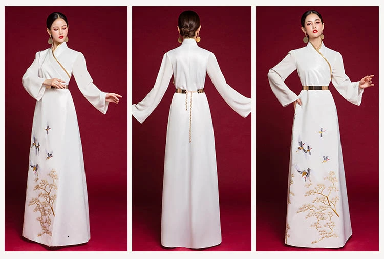 Белое элегантное вечернее платье для женщин Cheongsam Восточный с длинным рукавом Традиционный китайский Qipao Китай Вышивка кимоно свадебные платья