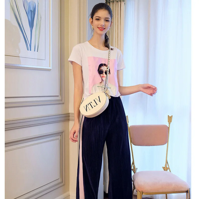 

WOMEN'S Dress 2019 Spring And Summer New Style France Non-mainstream Printed T-shirt + High-waisted Stripes Loose Pants Fashion