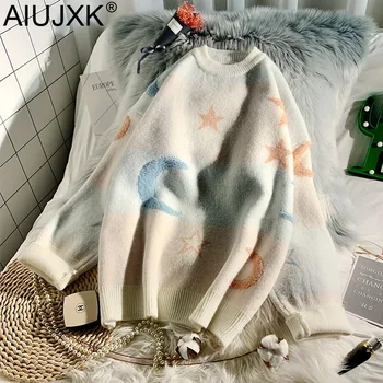 

AIUJXK Korean Style Autumn Winter Pullovers Fashion Women Sweaters Long Sleeve Warm Thick Star Moon Print Knit Sweaters