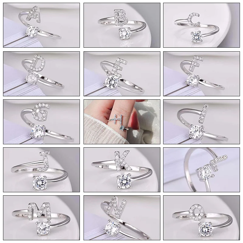 Finger Ring 26 English Letter Open A-Z Initials Name Alphabet Female Creative for Wedding Party