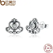 BAMOER 925 пробы серебряная тиара «Моя принцесса», прозрачные CZ серьги-гвоздики в форме короны сердца для женщин, свадебные серьги, хорошее ювелирное изделие PAS450