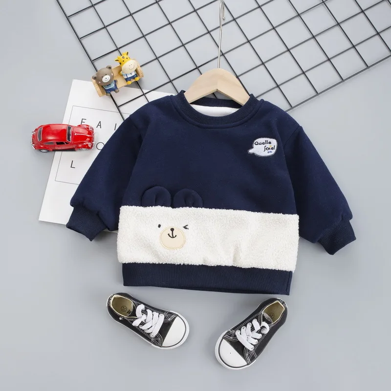 WNXX9256F Navy Blue Зимняя одежда для малышей; детская одежда для мальчиков и девочек с мультипликационным принтом; двухслойная бархатная утепленная теплая футболка; повседневная одежда для малышей - Цвет: WNXX9256F Navy Blue