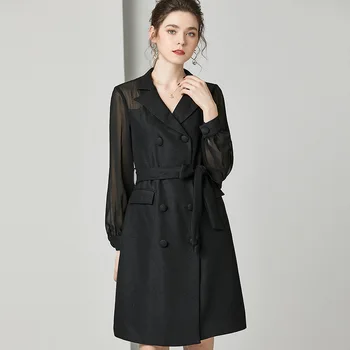 

Black Dress Women 2020 Spring New Notched collar Long Sleeve Double Breasted Lace-up Waistbelt Boutique Clothes Knee Length