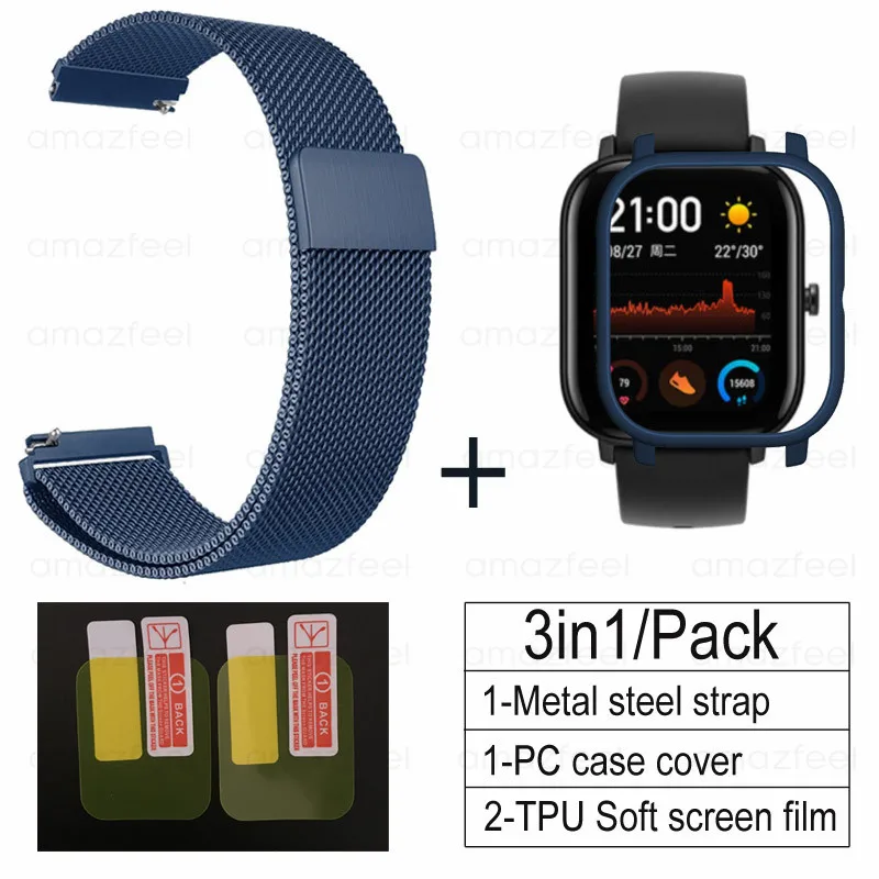 blue-blue 3в1 умные аксессуары для часов Ремешок для Amazfit GTS чехол металлический браслет для Huami Amazfit GTS Band Защитная пленка для экрана - Цвет: blue-blue