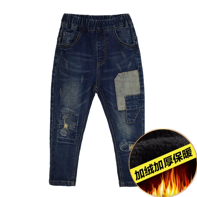 Tk4377 blue warm Kids Jeans for Boys Fashion Splice Denim Trousers Children Broken Hole Jeans Autumn Winter Casual Costume Wear Long Pants - Цвет: Tk4377 blue warm
