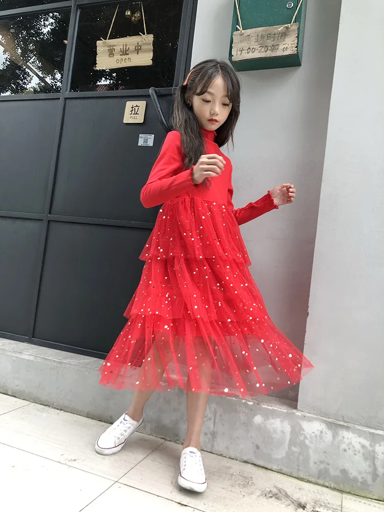 Новое осенне-зимнее платье для девочек-подростков детское хлопковое платье принцессы для малышей рождественское платье для девочек черного, белого, красного цвета