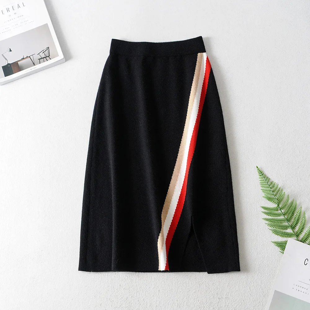 

Autumn And Winter Knitted Skirt Mid-length Sheath Oblique Article Slit Knitted Skirt High Waist Skirt Korean-style Fashion-