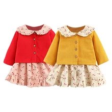 Мягкие комплекты с платьем для маленьких девочек Детские платья с рисунком вишни Повседневный Сарафан-пачка с длинными рукавами и свитер, кардиган