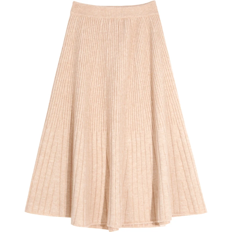 SAM'S TREE Multicolor Solid Minimalist Style Knitted Long Skirt Women Winter Pure High Waist Casual Office Ladies Skirts - Цвет: Бежевый