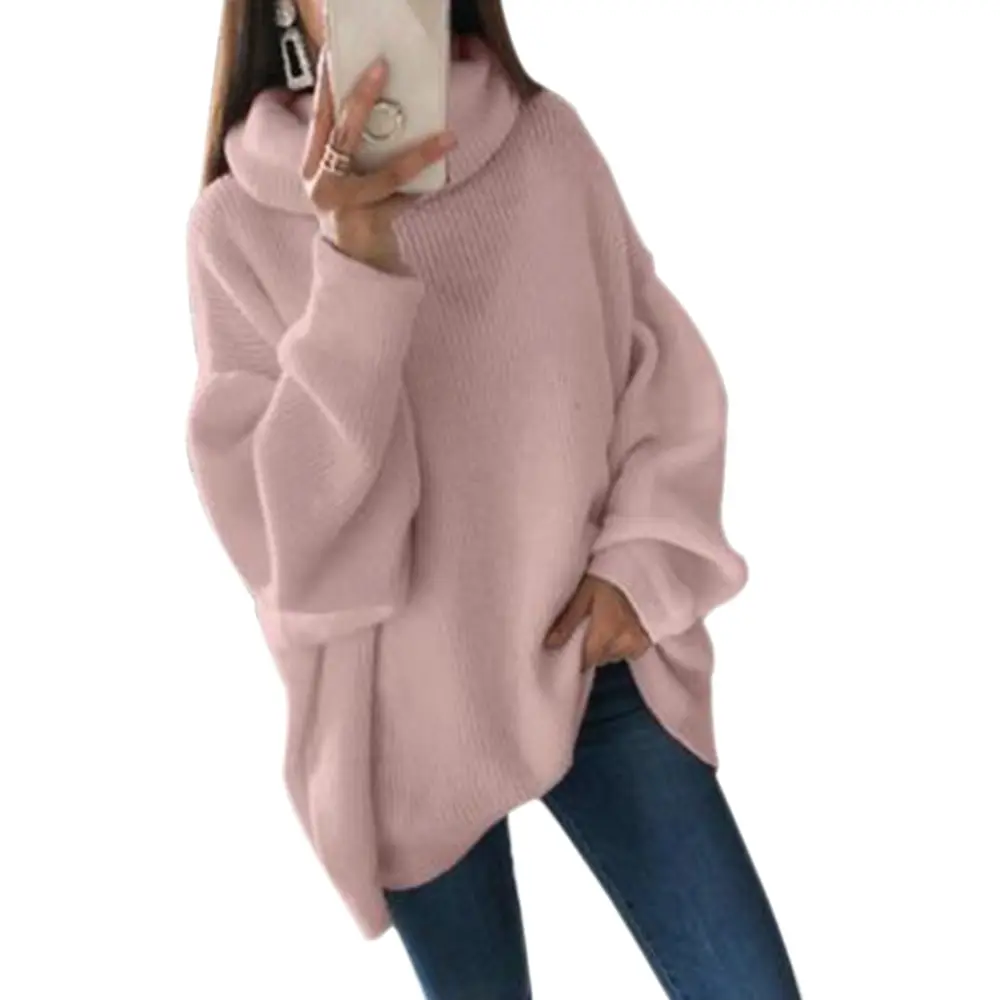 Oeak, модные вязаные свитера и пуловеры размера плюс 2XL, женские свободные длинные свитера с высоким воротом, женские вязаные джемперы