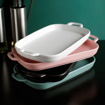 

Nordic creative ceramic Matt glazed pottery dish rectangle long plate with handle backing plates