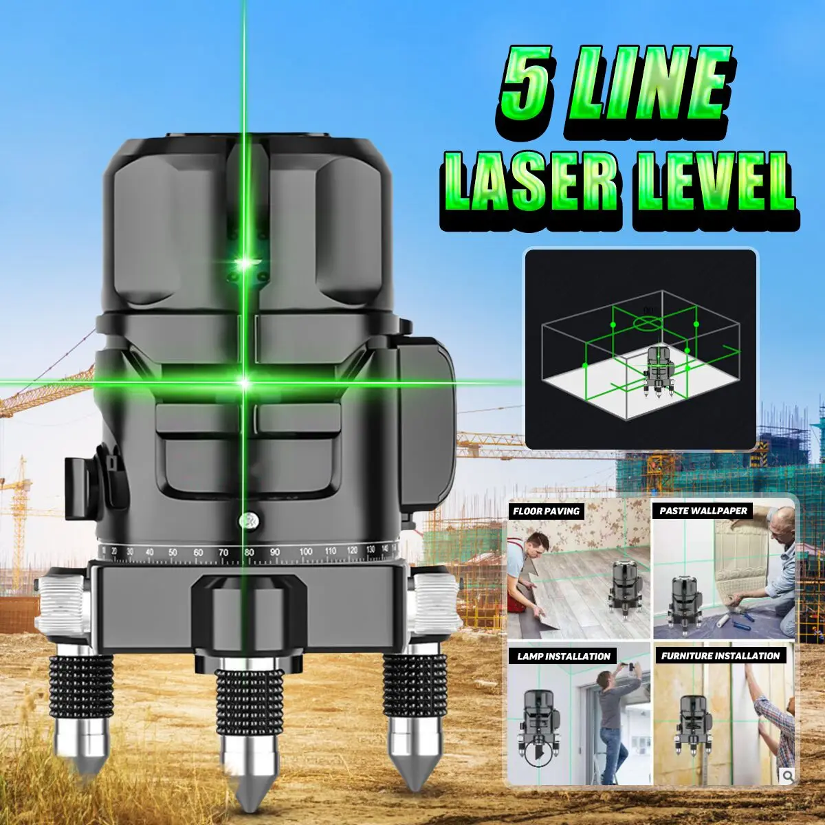 

ZEAST Powerful Green Light 5 Lines Laser Level Automatic Self Leveling 360 Vertical Horizontal Tilt Cross Line w/Outdoor Mode