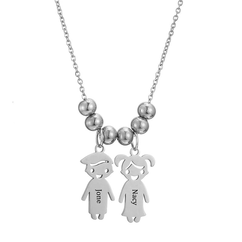 Custom Name Necklace Engraved Cute Boy Girl Pendant Personalized Stainless Steel Beads Necklace Daughter Son Couple Gift Jewelry