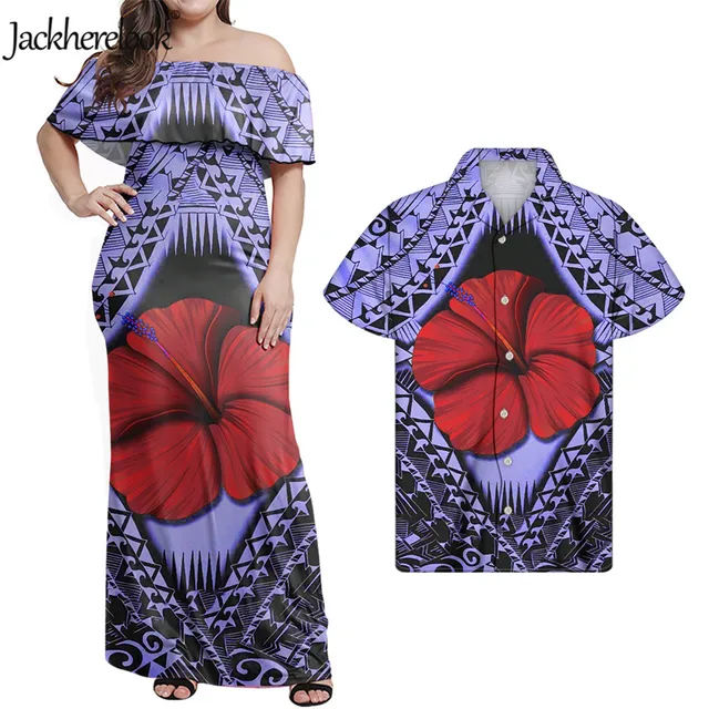 Jackherelook Womens Vintage Maxi Dresses Samoan Hibiscus Polynesian Tribal Brand Design Summer Unisex Clothes Off Shoulder Dress Gold