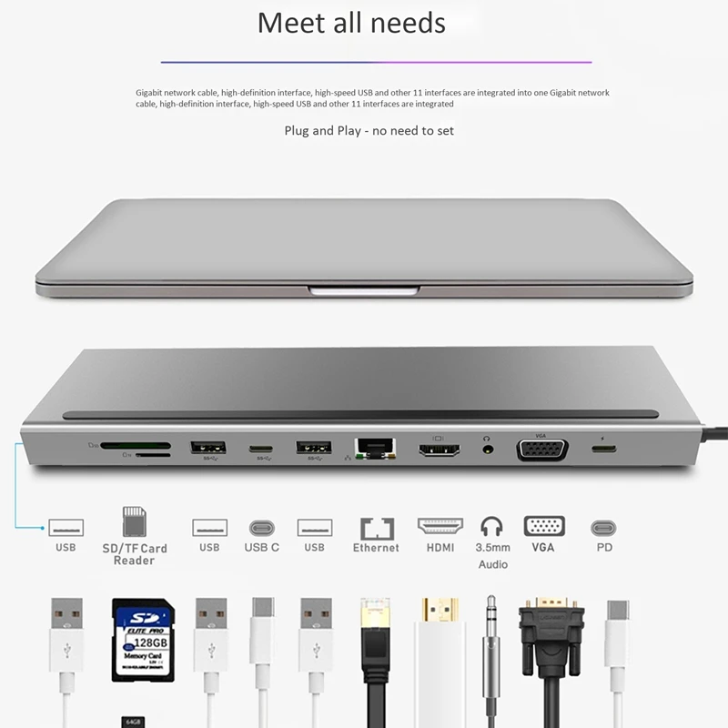 11 в 1 USB разветвитель мульти 11 портов type C концентратор до 3,0 USB HDMI RJ45 usb-хаб VGA для MacBook